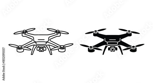 Detailed illustration of two drones one outlined and one in solid black silhouette