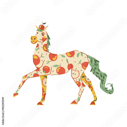 Horse with apple pattern on skin in a decorative vector illustration style. Creative and cute animal character for design, patterns, textiles, stationery, posters, and playful branding projects