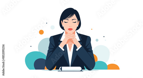 Calm and confident businesswoman sitting at her desk with hands clasped, thinking, listening, or meditating in the office.