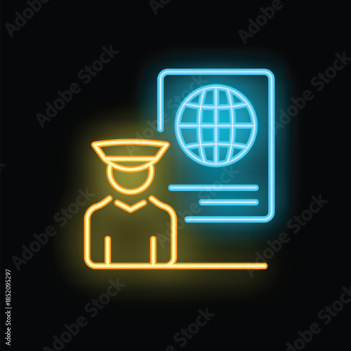 Neon icon of a border guard checking a passport with a planet earth sign