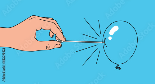 Hand holding a sharp needle and popping a blue balloon, symbolizing disappointment, bursting a bubble, or sudden failure.