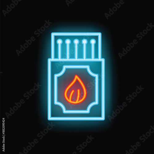 Blue neon sign of a matchbox with matches and a red flame in the center, on a black background