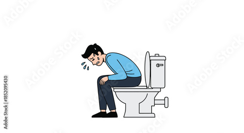 Man sitting on a toilet and clutching his stomach in pain, suffering from a stomachache, diarrhea, or food poisoning.