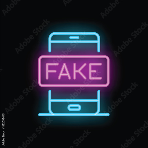 Neon illustration of a smartphone with a bright, glowing fake sign, perfect for concepts like misinformation and online scams