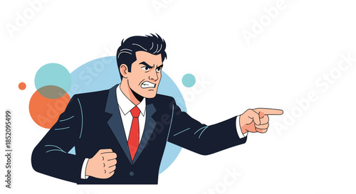 Angry businessman in a suit shouting and pointing his finger to blame, accuse, or give a command in a hostile manner.