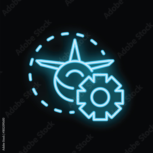 Neon sign depicting an airplane taking off, enclosed in a circle of dashed lines, with a gear symbol, symbolizing flight customization settings