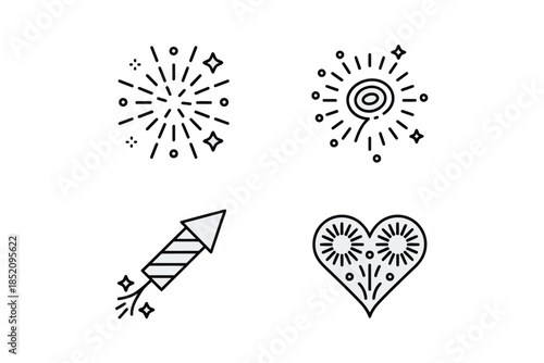 Festive celebration icons: fireworks, sparkler, rocket, and heart shape.