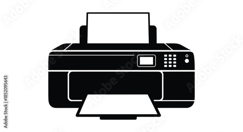 A sleek black printer design showcased in a stark minimalist silhouette