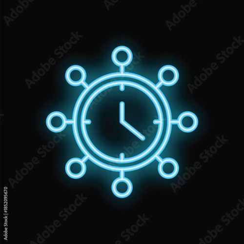 Neon sign of a clock with connected circles representing the concept of time management and interconnectedness in a visually appealing way