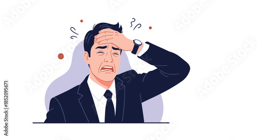 Stressed businessman with his hand on his forehead, suffering from a headache, fever, or extreme frustration and regret.