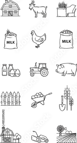 Farm life illustration set barn goat chicken pig tractor milk eggs fence wheelbarrow windmill and garden tools line art