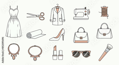 Fashion and Sewing Icon Set, A Collection of Stylish Apparel and Accessory Illustrations for Creative Projects