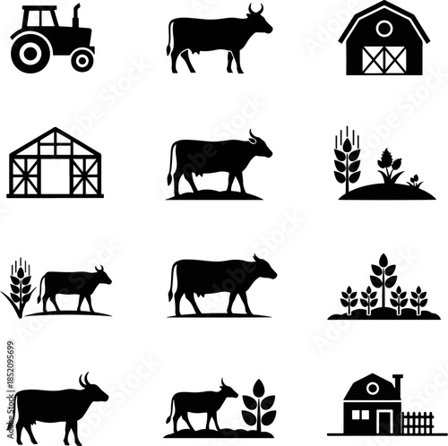 Farm icons set tractor barn cow wheat ears and house agricultural symbols collection vector illustration