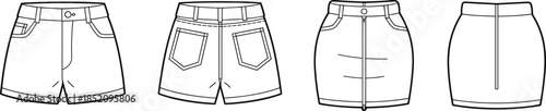 CAD drawing flat vector illustration of women's denim shorts and mini skirt, front and back technical fashion sketch design