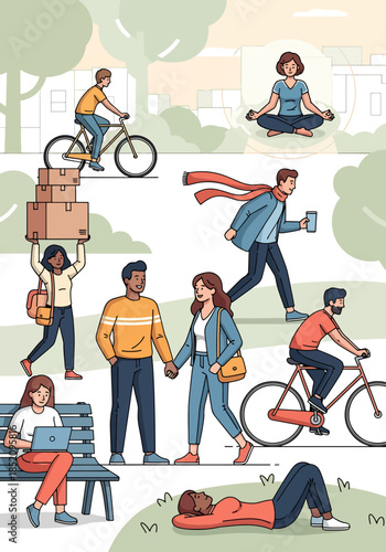 Diverse people enjoying various outdoor activities and moments in a city park setting illustration