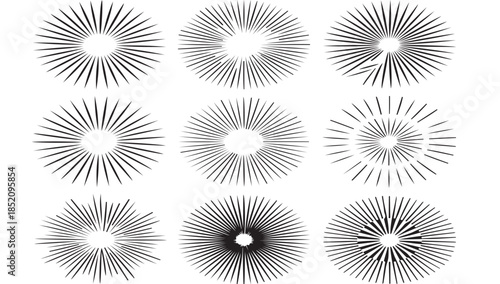 Set of 9 abstract radial sunburst line art elements, minimalist starburst rays and circular flash vector icons for design projects.