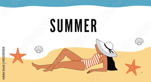 Woman in a swimsuit and sun hat relaxing on a sandy beach with starfish and shells, under the text 'SUMMER'.