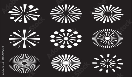 Set of White Geometric Radial Shapes and Dotted Circular Design Elements