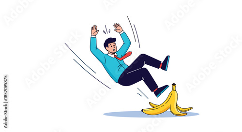 Careless businessman slipping and falling on a banana peel, representing an accident, mistake, or unforeseen business risk.