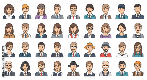 Large set of diverse business people avatars, including men and women of different ages and styles for professional profiles.