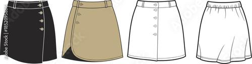 CAD drawing flat vector illustration of women's buttoned A-line skirts and elastic shorts, fashion technical design front views