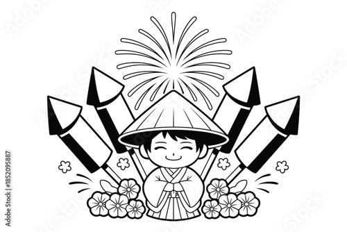 Joyful child in traditional hat celebrates with fireworks and flowers