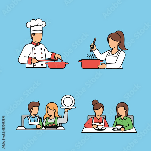 Diverse people enjoying culinary activities chef cooking food serving and dining together in a simple flat illustration style