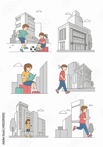 Diverse kids enjoying outdoor city life playing soccer reading and running in urban settings with modern buildings