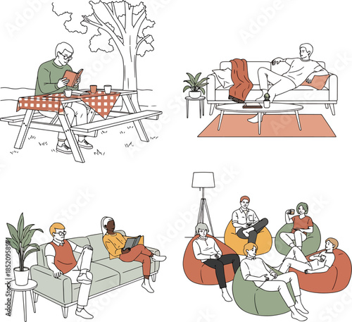 Diverse group of people relaxing and reading in various settings including a park picnic table, modern living room, and comfy beanbags.