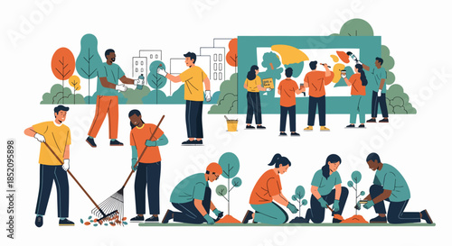 Diverse group of people volunteering for community improvement activities painting murals and gardening