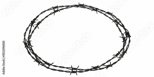 A circular frame constructed from twisted strands of sharp black barbed wire