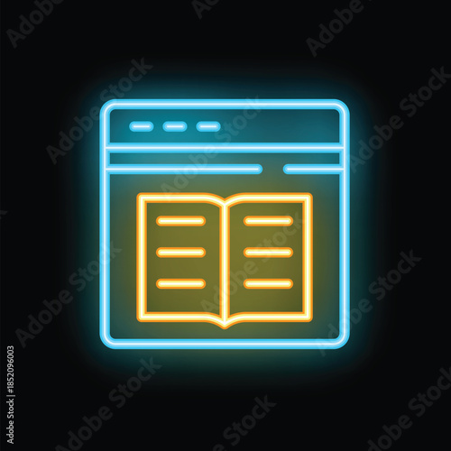 Neon sign representing online learning with an open book displayed on a website, symbolizing e learning platforms and digital knowledge resources