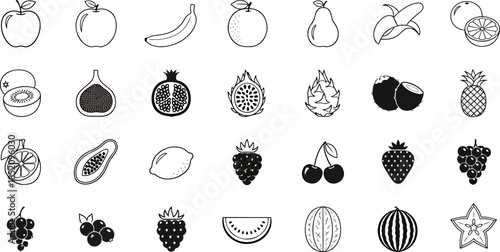 Diverse Collection of Fresh Fruit Icons in Outline Style, Vector Art Featuring Apples, Bananas, Berries, Citrus, and Tropical Fruits