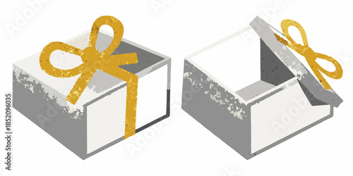 Two geometric gift boxes with yellow ribbons one open and one closed