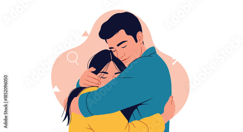 Affectionate couple embracing in a warm and loving hug, finding comfort and support in each other with their eyes closed peacefully.