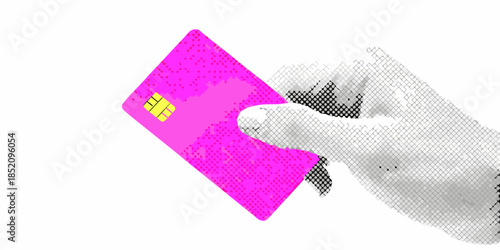 A hand presenting a vibrant pink credit card with a chip