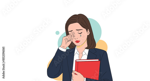 Sad businesswoman in a formal suit crying and wiping away a tear, feeling emotional, stressed, or upset in the workplace.