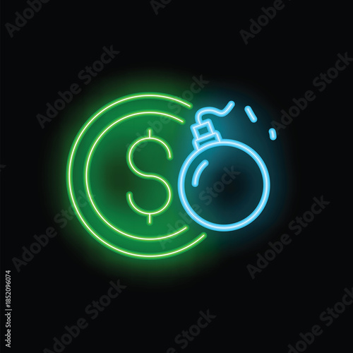 Neon icon representing the concept of financial crisis with a bomb exploding a dollar coin