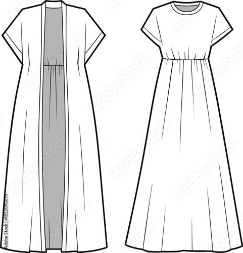 CAD drawing flat vector illustration of women's long maxi dress with short sleeves and open front overlay, fashion technical sketch