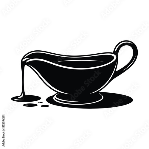 Gravy boat black and white icon, pouring sauce silhouette, kitchen utensil vector illustration, cooking condiment graphic, serving dish design element