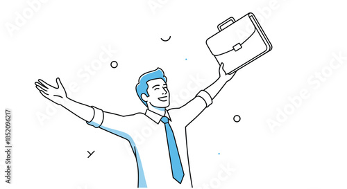 Happy and successful businessman with a briefcase celebrating a victory or achievement with his arms raised in excitement.