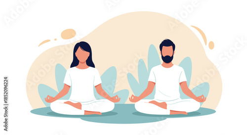 Man and woman practicing yoga and meditation together in the lotus position, finding peace, mindfulness, and spiritual balance.