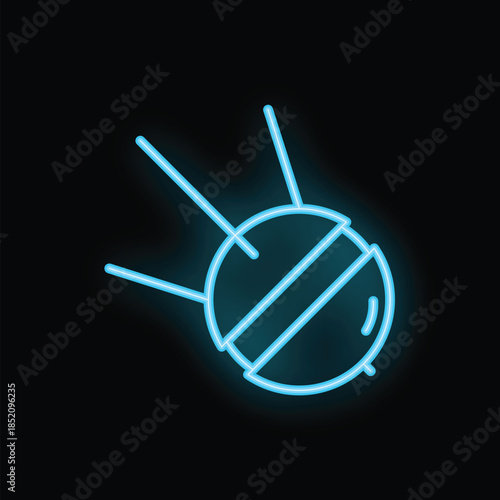 Neon blue icon of a sputnik satellite glowing on a black background