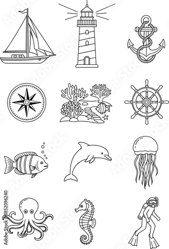 Collection of Nautical and Marine Life Icons Including Sailboat, Lighthouse, Anchor, Compass, Coral Reef, Fish, Dolphin, Jellyfish, Octopus, Seahorse, and Diver