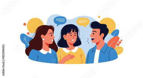 Group of happy young friends or colleagues talking and smiling, engaged in a friendly conversation with speech bubbles above them.
