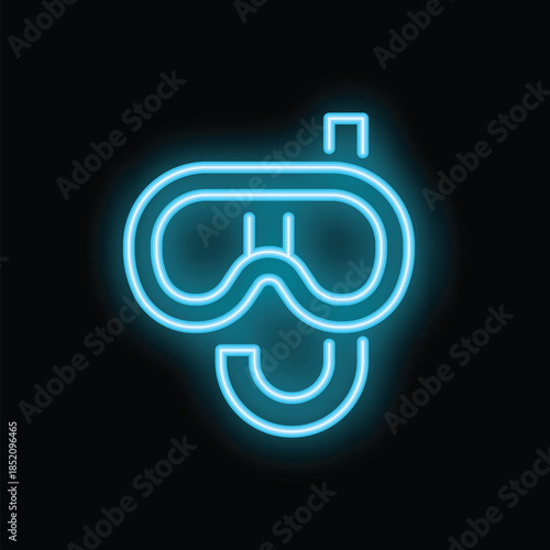 Blue neon sign representing a scuba diving mask glowing on a wall at night