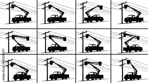 Electric utility bucket truck silhouettes repairing overhead power lines, lineman work sequence, infrastructure maintenance, energy distribution, safety operations, industrial service, 