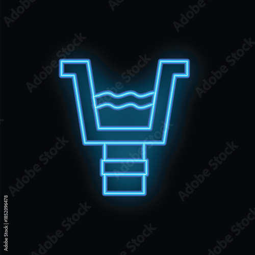 Glowing neon blue icon of a water basin is isolated on a black background