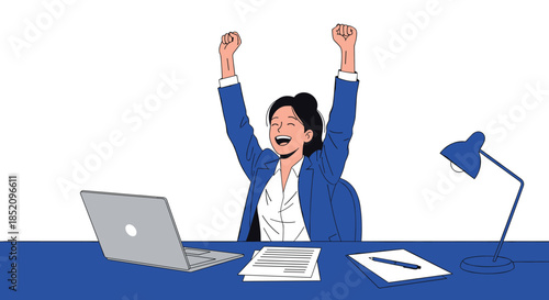 Happy businesswoman at her desk celebrating a success or achievement, raising her arms in joy in front of her laptop computer.