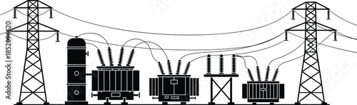 High voltage power substation illustration, with transmission towers transformers electrical grid infrastructure energy distribution industrial technology isolated vector design